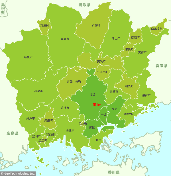 県 地図 岡山 岡山県のシンプル地図（縮尺6）